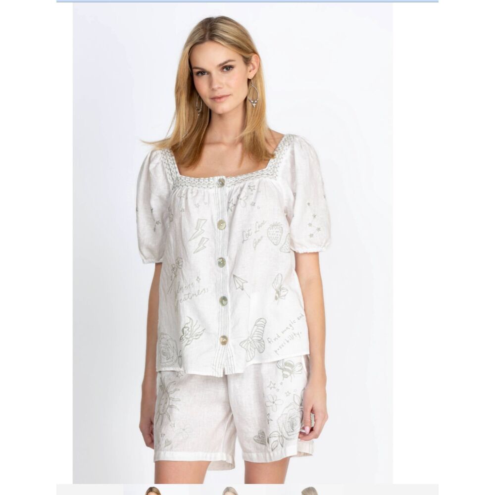Johnny Was Sovanna Wander Embroidered Linen Top White Square Neck Blouse
